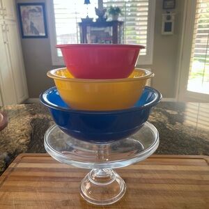 Vintage Pyrex Red, Yellow, and Blue Clear Bottom Mixing Bowls